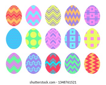 Happy Easter. Collection of Easter eggs with patterns on a white background. Vector illustration