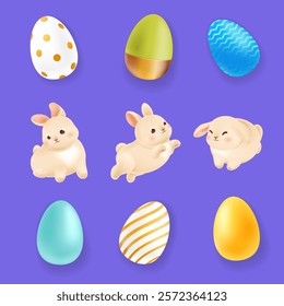 Happy Easter collection elements. Cute bunnies and painted Easter eggs on violet background. Bright decor for greeting card or banner design. Vector illustration