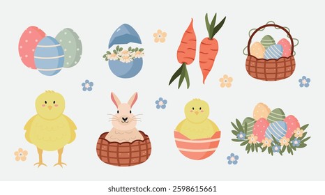 Happy Easter collection. Elements: rabbit, carrot, chick, colorful eggs, flowers. Vector illustration of spring and Easter designs.