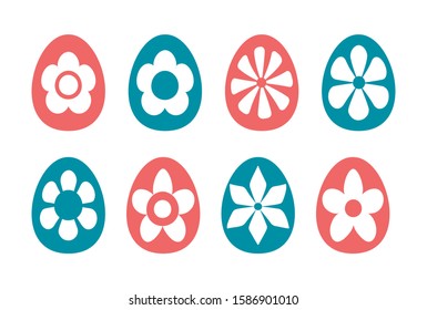 Happy Easter collection. Flat colorful Easter eggs set. Minimalistic simple flowers ornament. Scandinavian style. Isolated on white background. Vector Illustration. For greeting card, poster, flyer