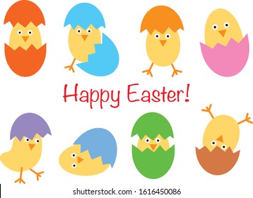 Happy Easter collection of funny cute cartoon chickens with colorful eggshells. Isolated on white background. Flat vector illustration.