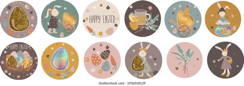 Happy easter! Collection greeting highlights. Easter bunnies with beautiful Easter eggs, chicken, carrot, Easter accessories and icons. Vector illustration.