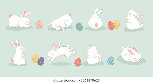 Happy Easter. Collection of hand drawn cute bunnies, eggs and flowers. Modern style design, pastel colors