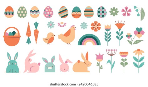 Happy Easter collection of illustrations, icons, symbols and graphic elements. Pastel color set with bunnies, flowers, eggs and basket, Easter card, banner design. Vector illustration