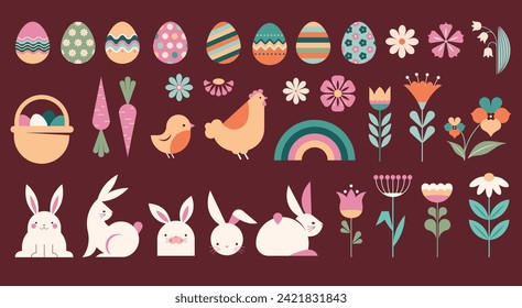 Happy Easter collection of illustrations, icons, symbols and graphic elements. Pastel color set with bunnies, flowers, eggs and basket, Easter card, banner design. Vector illustration