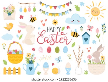 Happy Easter collection. Lettering, bunny, eggs, butterflies, bees, sun, basket with eggs, flowers. Hand drawn cartoon style vector illustration. Springtime, Easter Design elements, decoration.  