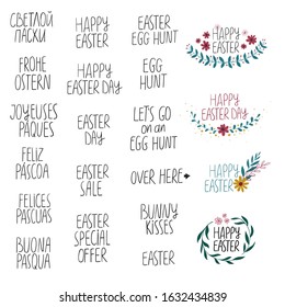 Happy Easter collection with lettering greetings and phrases in different languages - English, Russian, Italian, German, Spanish, Portuguese, French.