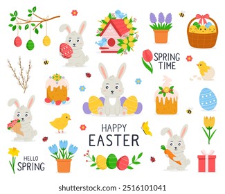 Happy Easter collection of objects. Set of cute Easter design elements: bunny, chicks, festive cake, spring flowers, eggs, isolated on white background. Vector illustration