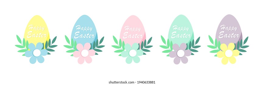Happy easter collection with pastel colorful eggs and simple flowers and leaves.Cute holiday elements on white background.Vector illustration.For invitation,postcard,print,sticker,banner,poster.