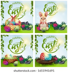 Happy Easter, collection postcards with  bunny, eggs, Easter eggs in the nest and basket with Easter eggs. Cartoon Easter illustrations