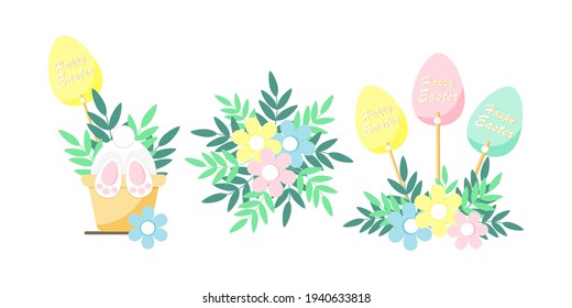 Happy easter collection with rabbit paws in pot,pastel colorful eggs and simple flowers compositions.Cute holiday vector illustration.For invitation,postcard,print,sticker,banner,poster and others.