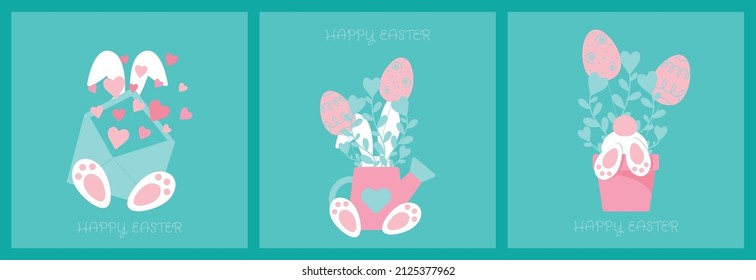 Happy easter collection with rabbit paws in pot,pastel colorful eggs and simple flowers compositions.Cute holiday vector illustration.For invitation,postcard,print,sticker,banner,poster and others.