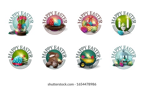 Happy Easter, collection round colorful greeting symbols with Easter icons isolated on white background