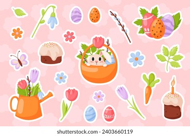 Happy Easter collection sticker in cartoon flat style. Crocus, tulip, Easter pie, candle, flowers, bunny, basket, carrot and butterfly. Vector illustration isolated on a pink background.