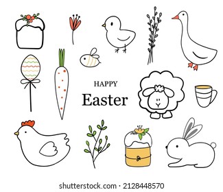 Happy easter collection stickers with cute elements with lettering. Spring set in doodle style such as rabbit, bunny, easter eggs, chicken, sweets, carrot, goose, easter bun, lamb