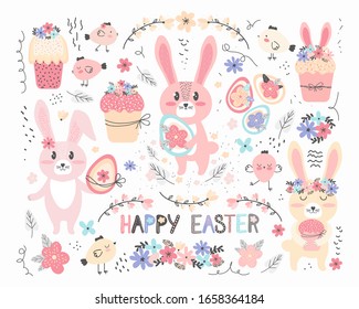 Happy Easter collection in vector. Set of cute cartoon characters and design elements. Easter bunny, chickens, eggs, Easter cake and flowers. Perfect for holiday decoration and spring greeting cards 
