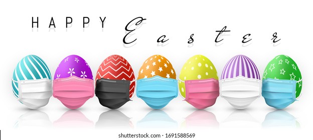 Happy Easter. Color Easter egg in medical face mask on white background. Vector illustration.