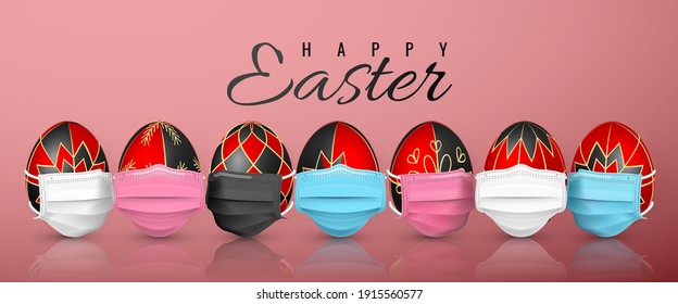 Happy Easter. Color Easter egg in medical face mask on white background. Vector illustration.