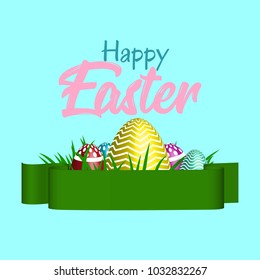 Happy Easter Color eggs in green grass in green ribbon, lettering for card isolated on blue background.  Vector Illustration.