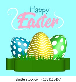 Happy Easter Color eggs in green grass in green ribbon, lettering for card isolated on blue background.  Vector Illustration.