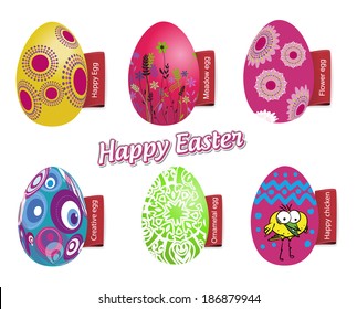 Happy easter color eggs with red labels, isolated, vector illustration