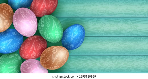 happy easter color eggs and wood background vector illustration	