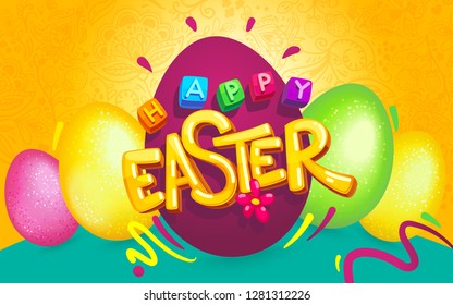 Happy Easter color eggs and yellow inscription. Vector cartoon colorful illustration 