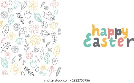 Happy easter color hand drawn lettering with flowers, leaves and brances. Vector illustration for Easter day. Promotion and shopping template, greeting card template