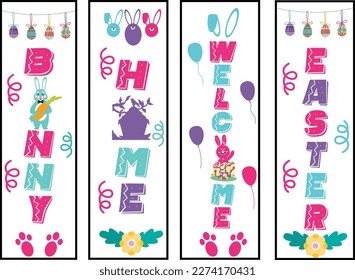 Happy easter color hand drawn lettering calligraphy holiday concept porch sign; Happy easter hand drawn color porch sign; Happy easter vertical lettering porch sign
