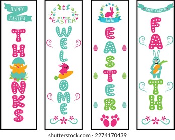 Happy easter color hand drawn lettering calligraphy holiday concept porch sign; Happy easter hand drawn color porch sign; Happy easter vertical lettering porch sign
