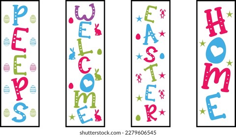 Happy easter color hand drawn lettering calligraphy holiday concept porch sign; Happy easter hand drawn color porch sign; Happy easter vertical lettering porch sign