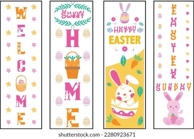 Happy easter color hand drawn lettering calligraphy holiday concept porch sign; Happy easter hand drawn color porch sign; Happy easter vertical lettering porch sign