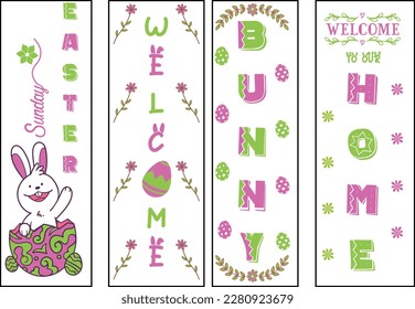 Happy easter color hand drawn lettering calligraphy holiday concept porch sign; Happy easter hand drawn color porch sign; Happy easter vertical lettering porch sign