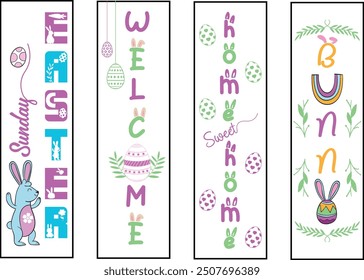 Happy Easter color hand drawn lettering calligraphy holiday concept porch sign;  Happy easter vertical lettering porch sign