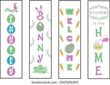 Happy Oster Farbe handgezeichnete Beschriftung Kalligrafie Urlaub Konzept Veranda Zeichen;  Fröhliche Ostern vertikale Beschriftung Veranda Zeichen