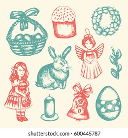 Happy Easter - color vector hand drawn illustrative composition. Realistic basket, egg, cake, angel, chaplet, rabbit, violet willow, girl, candle, bell, chicken.