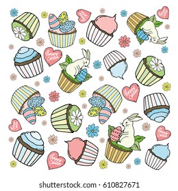 Happy Easter colored cupcakes. Hand drawn vector stock illustration. 