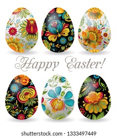 Happy Easter colored eggs. Abstract flowers print design. Eggs vector set. Easter holiday card. Colored eggs vector