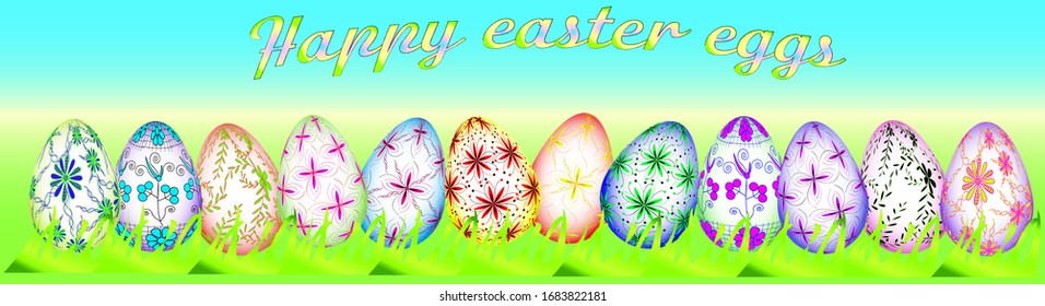 happy easter colored eggs arranged in a row on green grass against a blue sky