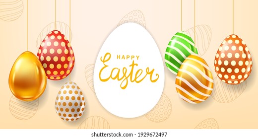 Mapa de pancartas de los huevos de colores de Pascua feliz, con letras. Huevos pintados y decorados con un brillo realista. Afiche de las fiestas de primavera