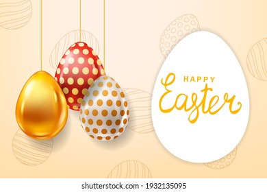Mapa de pancartas de los huevos de colores de Pascua feliz, con letras. Huevos pintados y decorados con un brillo realista. Afiche de las fiestas de primavera