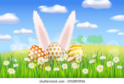 Happy Easter Colored Eggs banner template. Realistic shine decorated, painted eggs, rabbit ears, colorful spring flowers chamomile, dandelions, blue sky, landscape. Spring holiday poster