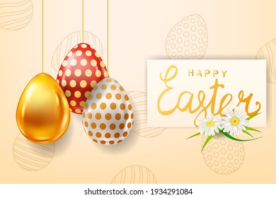 Happy Easter Colored Eggs banner template, lettering. Realistic shine decorated, painted eggs, colorful spring flowers chamomile, dandelions. Spring holiday poster