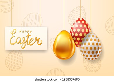 Happy Easter Colored Eggs banner template, lettering. Realistic shine decorated, painted eggs. Spring holiday poster