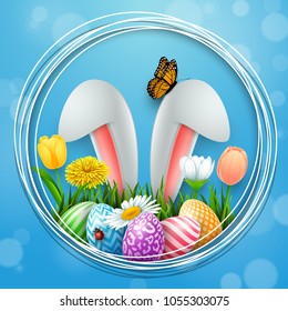 Happy Easter with colored eggs, bunny ears, flowers, ladybug, and butterfly in frame round background