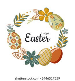 Happy Easter. Easter colored eggs with fancy flowers and leaves on branches for the spring holiday in a round frame. Vector.