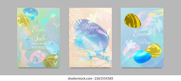 Happy easter, colored eggs, flowers, bunnies, invitation, easter sale. Templates for the design of postcards, posters, covers, flyers. Watercolor effect, vector.