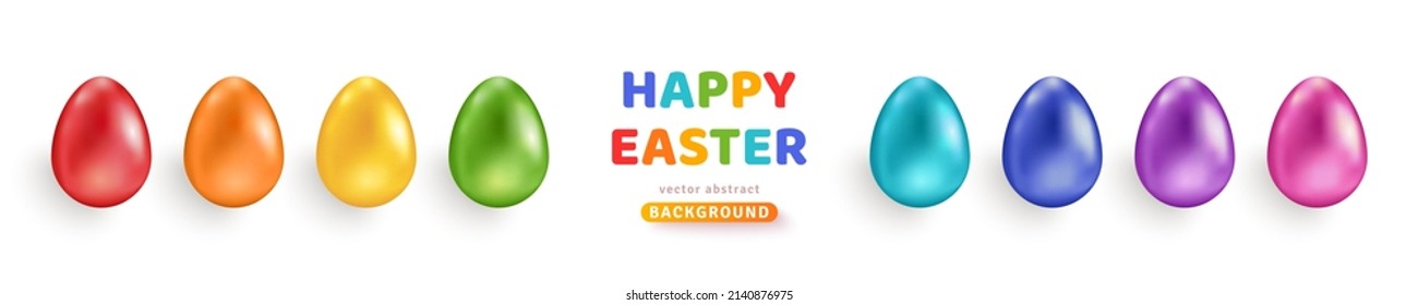Happy Easter colored eggs set  3d rainbow gradient realistic icons isolated white background  Vector illustration  Concept header pattern  place for text  spring fun fair