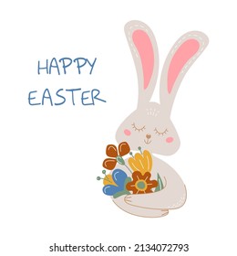 Happy Easter colored greeting card with rabbit holding bouquet of flowers. Vector postcard with cute smiling rabbit.