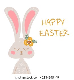Happy Easter colored greeting card with rabbit and flower. Vector postcard with cute rabbit.